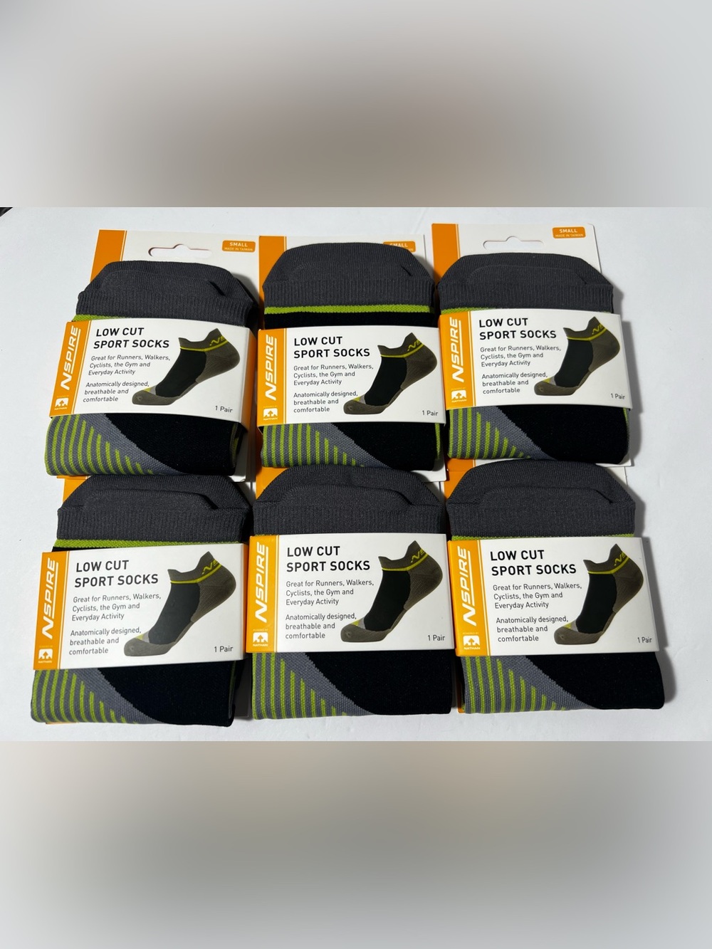Nspire Low Cut Sport Socks 6-Pack Black/Gray/Yellow unisex Size Small breathable